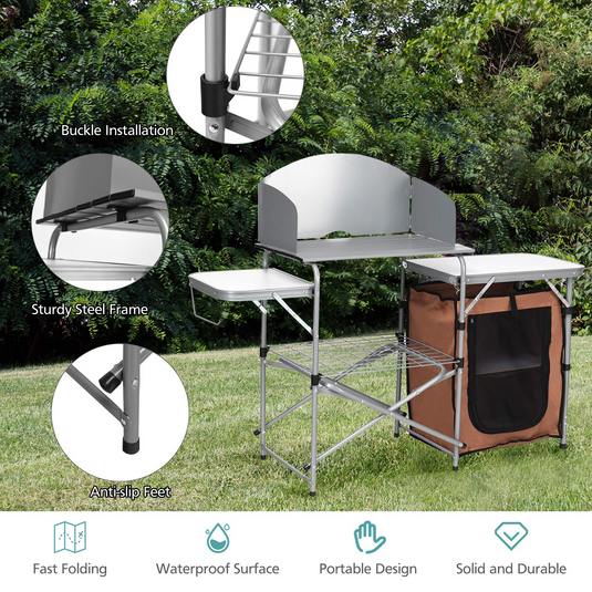 Folding Grill Table with Storage, Aluminum Outdoor Camping Kitchen Table with 26'' Tabletop - GoplusUS
