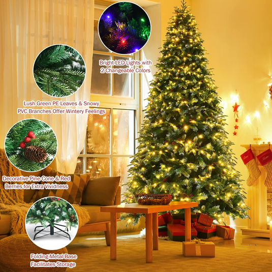 Goplus 8FT Pre-Lit Artificial Christmas Tree, Hinged Realistic Snowy Xmas Pine Tree W/ 780 Color Changing LED Lights, 11 Flash Modes - GoplusUS