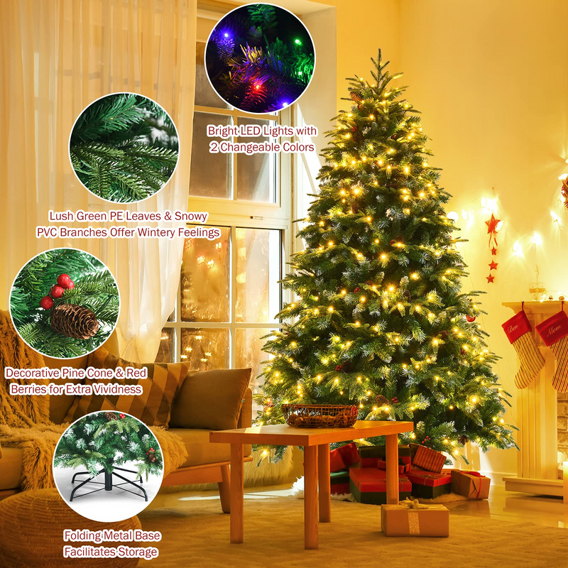 Load image into Gallery viewer, Goplus 7FT Pre-Lit Artificial Christmas Tree, Hinged Realistic Snowy Xmas Pine Tree W/ 450 Color Changing LED Lights, 11 Flash Modes - GoplusUS
