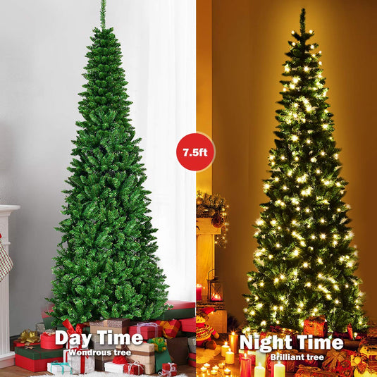 Prelit Pencil Christmas Tree, Premium Hinged Fir Tree