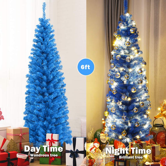 6ft Blue Pencil Christmas Tree, Artificial Slim Tree - GoplusUS