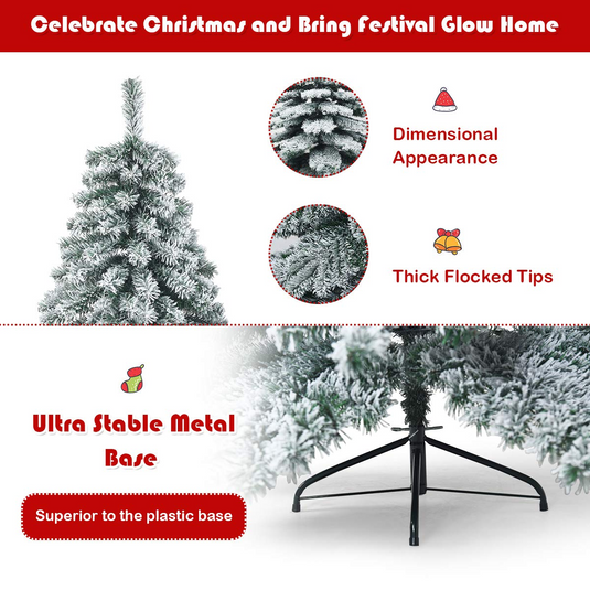 Goplus Snow Flocked Artificial Christmas Tree, Hinged Alaskan Pine Tree with Metal Stand, 100% New PVC Material - GoplusUS