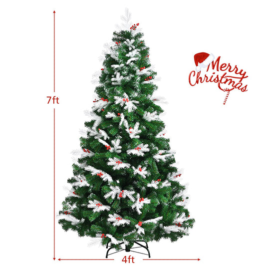 6ft/7ft  Snow Flocked Christmas Tree, Artificial Hinged XmasTree - GoplusUS