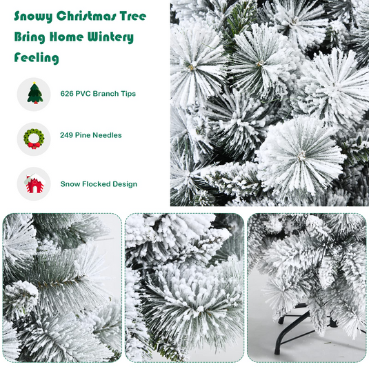 Goplus 6ft Artificial Snow Flocked Christmas Tree, Unlit White Pencil Hinged Xmas Tree W/ Metal Stand, 515 PVC Tips - GoplusUS