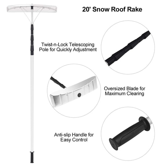 Goplus 21' Snow Roof Rake, Twist-N-Lock Adjustable Snow Shovel with 6" x 25" Blade - GoplusUS
