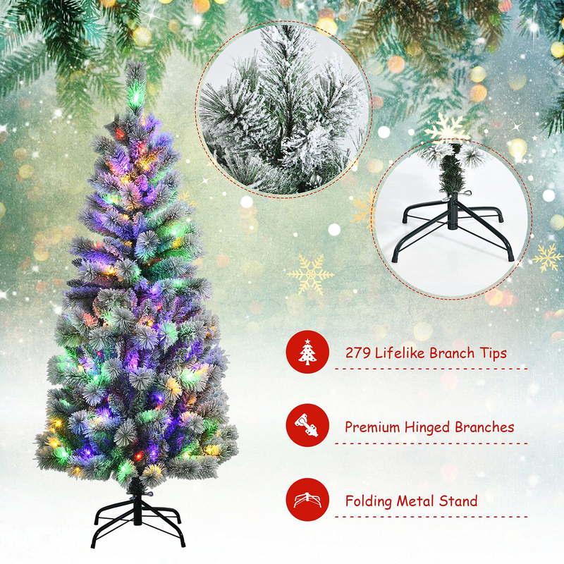 Load image into Gallery viewer, Goplus 5ft Pre-lit Snow Flocked Christmas Tree, Premium Hinged Artificial Pine Tree w/ 9 Lighting Modes &amp; 140 Color Changing LED Lights - GoplusUS
