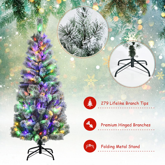 Goplus 5ft Pre-lit Snow Flocked Christmas Tree, Premium Hinged Artificial Pine Tree w/ 9 Lighting Modes & 140 Color Changing LED Lights - GoplusUS