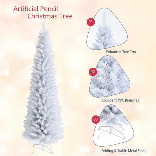 5FT / 6FT / 7FT Pencil Christmas Tree, Artificial Slim White Christmas Tree - GoplusUS