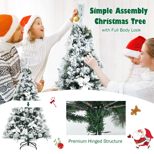 Goplus Snow Flocked Artificial Christmas Tree, Hinged Xmas Tree w/ Folding Metal Stand, Office, Party, Wedding - GoplusUS
