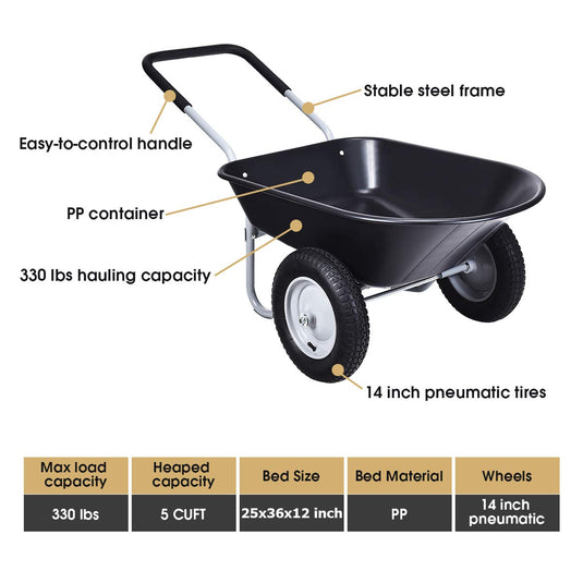 Goplus Dual Wheel Wheelbarrow, Heavy Duty Garden Cart, 330 lbs Capacity Utility Cart - GoplusUS