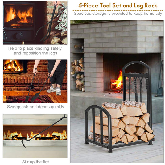 Firewood Log Rack with 4 Fireplace Tools - GoplusUS