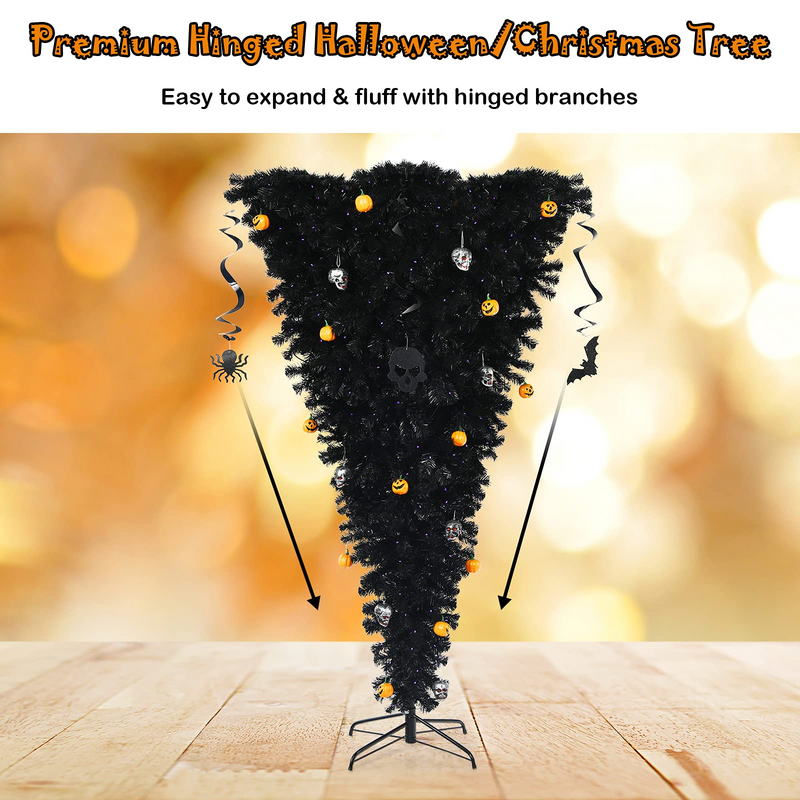 Load image into Gallery viewer, Goplus Pre-lit Black Halloween Tree, Artificial Upside Down Christmas Tree, Hinged Inverted Xmas Pine Tree - GoplusUS
