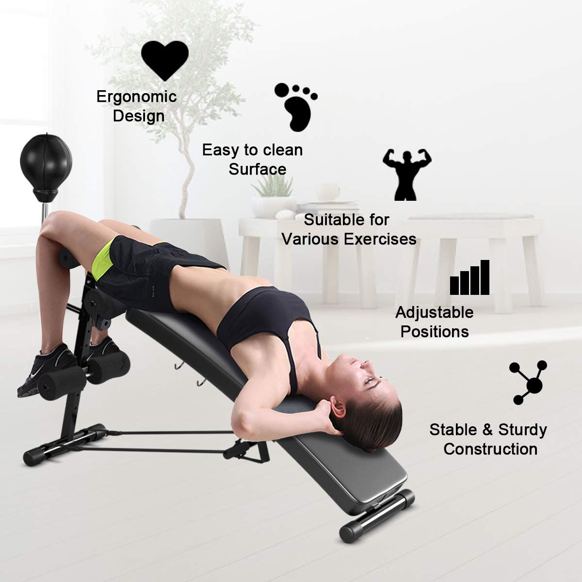 Goplus Adjustable Sit Up Bench, Decline Curved Slant Ab Bench Crunch Board with Speed Ball (Black)