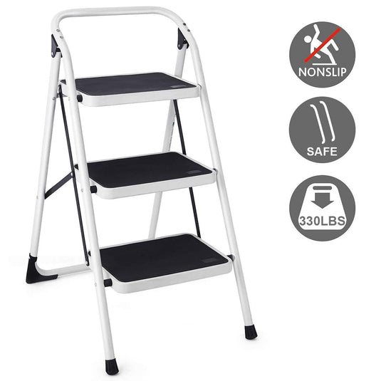 Goplus 3 Step Ladder, Folding Heavy Duty Step Stool Lightweight Steel Ladder, 340lbs Capacity (Black) - GoplusUS