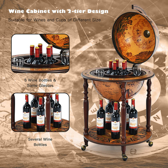 18' Globe Wine Bar Stand, 16th Century Italian Replica Wine Cabinet with Wheels - GoplusUS
