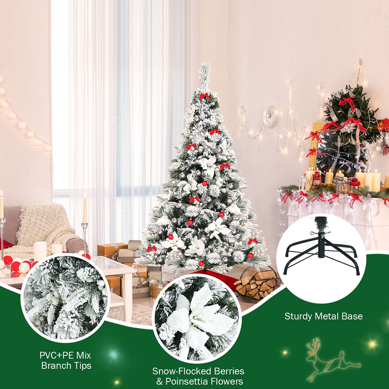 Load image into Gallery viewer, Goplus Snow Flocked Artificial Christmas Tree, Hinged Xmas Tree w/ Folding Metal Stand, Office, Party, Wedding - GoplusUS
