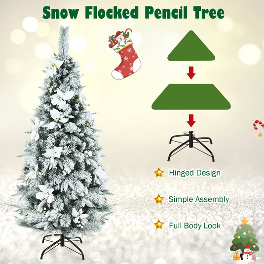 Goplus Snow Flocked Pencil Christmas Tree, Hinged Artificial Skinny Xmas Tree with White Berries - GoplusUS