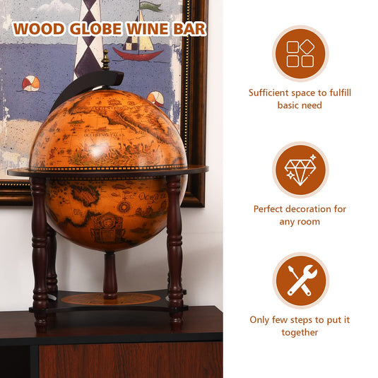 Tabletop 13" Globe Wine Bar Stand, 16th Century Italian Nautical Chart Liquor Cabinet