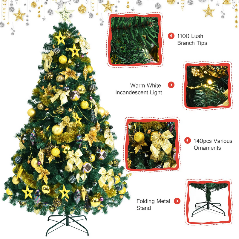 Load image into Gallery viewer, Goplus 7.5FT Pre-Lit Christmas Tree, Artificial Xmas Tree w/ 140 Golden Ornaments, 250 Replaceable LED Lights &amp; 1100 Branch Tips - GoplusUS
