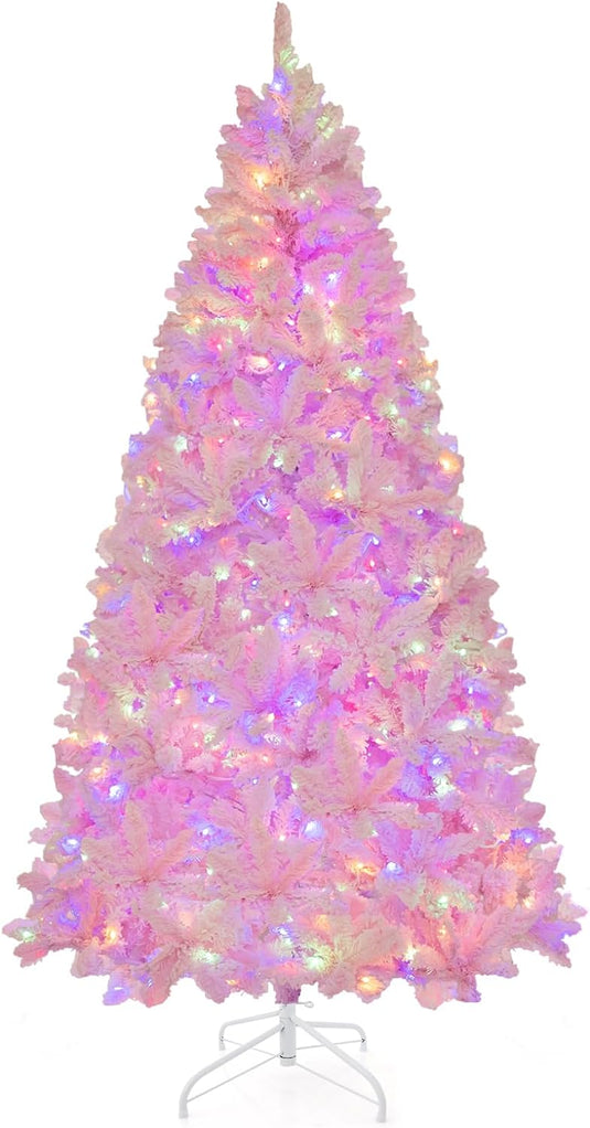 Goplus 6FT Pink Pre-lit Christmas Tree, Hinged Snow Flocked Artificial Xmas Tree, Seasonal Holiday Decoration for Office Home