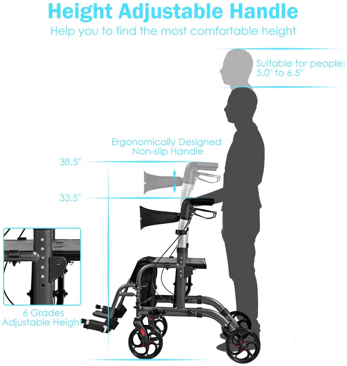 2 in 1 Folding Rollator Walker, 4 Wheel Medical Rolling Walker