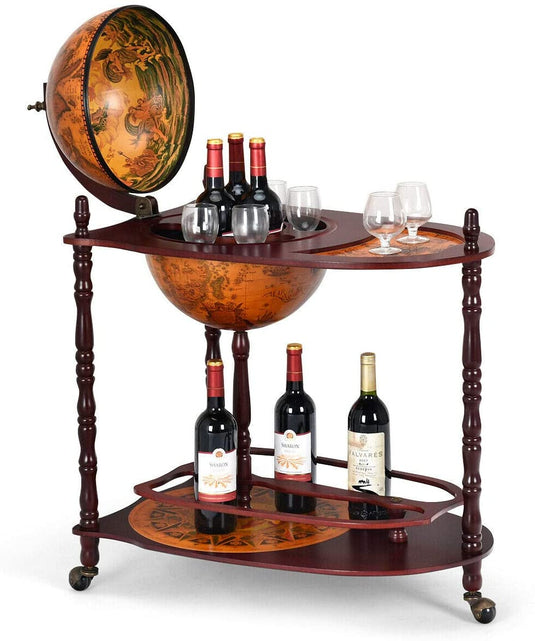 34" Wood Globe Wine Bar Stand 16th Century Italian Rack Bigger Shelf for More Liquor Bottle - GoplusUS