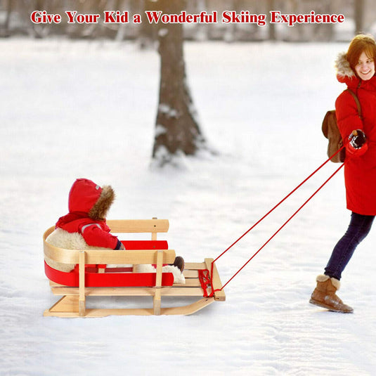 Wooden Sled, Snow Wood Sled Pull Steering Slider with Solid Wood Seat