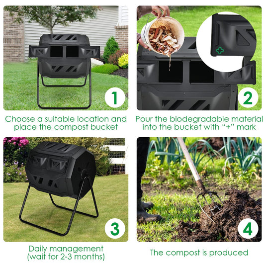 43 Gallon Composting Tumbler, Dual Chamber High Volume Compost with 2 Sliding Doors - GoplusUS