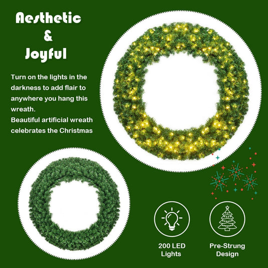 48" Pre-lit Cordless Artificial Christmas Wreath - GoplusUS