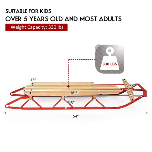 Wood Sled, 54" Steel & Wood Sled Pull Steering Snow Slider Sleigh Toboggan