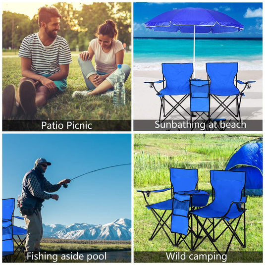 Double Folding Picnic Chairs Umbrella Mini Table Beverage Holder Carrying Bag - GoplusUS