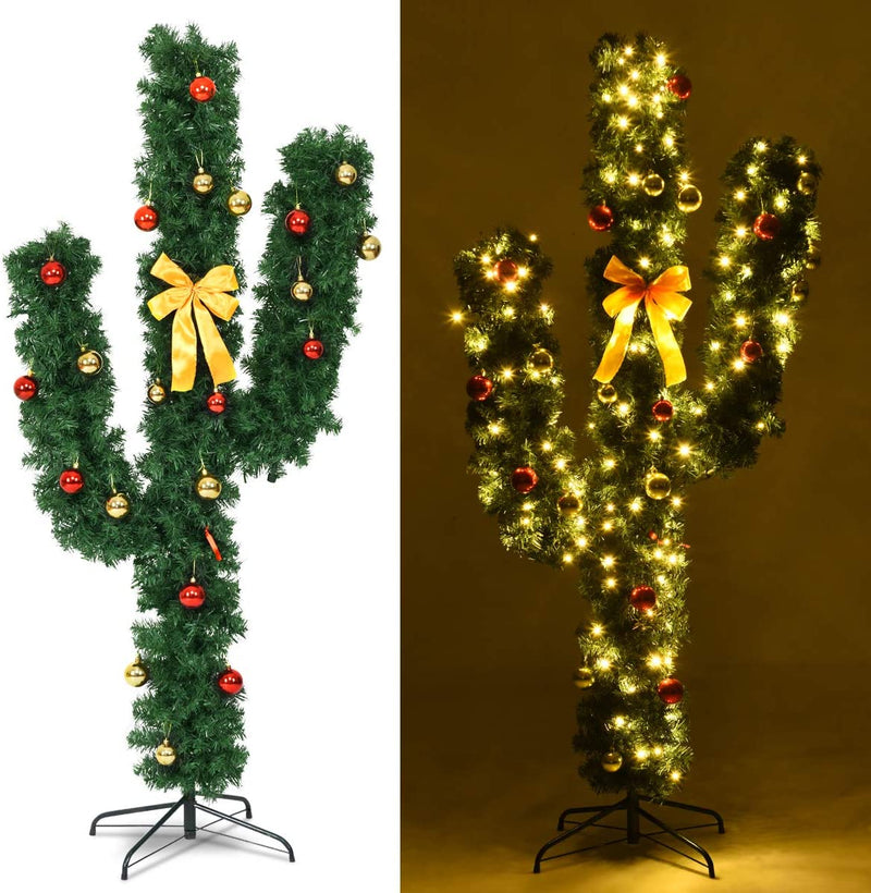 Load image into Gallery viewer, Pre-Lit Artificial Cactus Christmas Tree with LED Lights and Ball Ornaments -  Goplus
