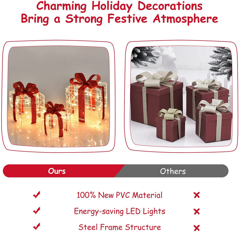 Load image into Gallery viewer, Lighted Gift Boxes Christmas Decoration, Set of 3 White Present Ornament Boxes with 60 LED Lights - GoplusUS

