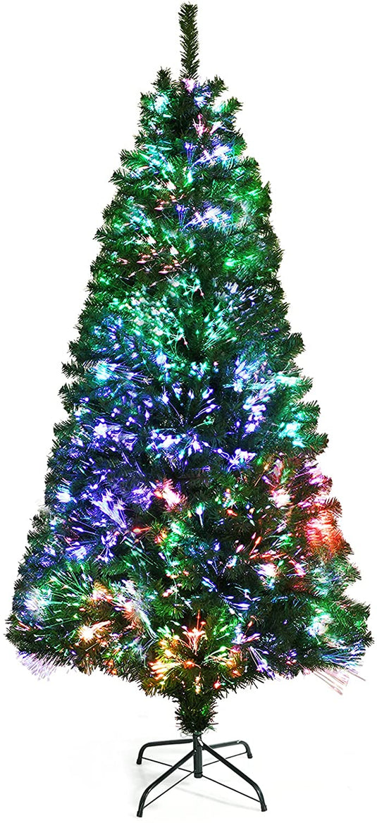 Goplus Fiber Optic Artificial Christmas Tree, Pre-lit Premium Spruce Tree with Solid Metal Stand - GoplusUS
