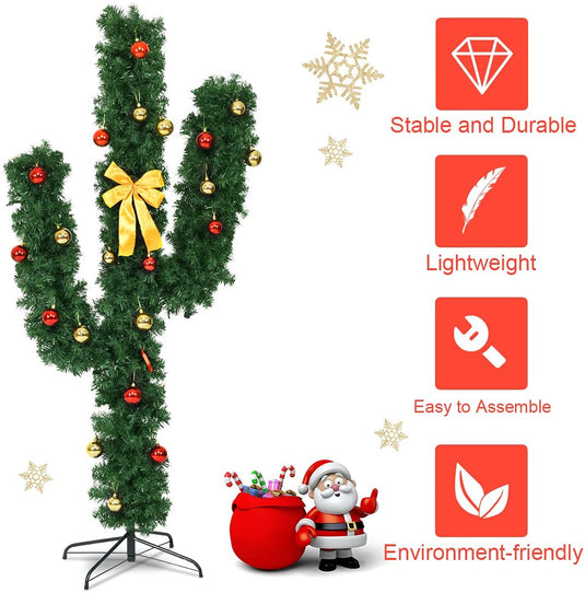 Pre-Lit Artificial Cactus Christmas Tree with LED Lights and Ball Ornaments -  Goplus
