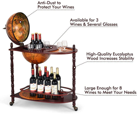 34" Wood Globe Wine Bar Stand 16th Century Italian Rack Bigger Shelf for More Liquor Bottle - GoplusUS