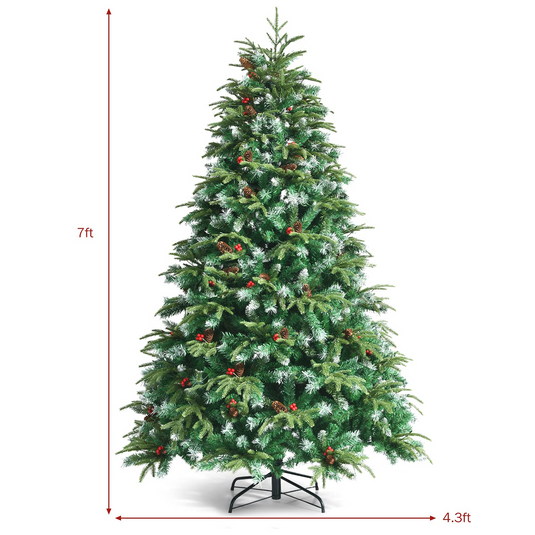 Goplus 7FT Pre-Lit Artificial Christmas Tree, Hinged Realistic Snowy Xmas Pine Tree W/ 450 Color Changing LED Lights, 11 Flash Modes - GoplusUS