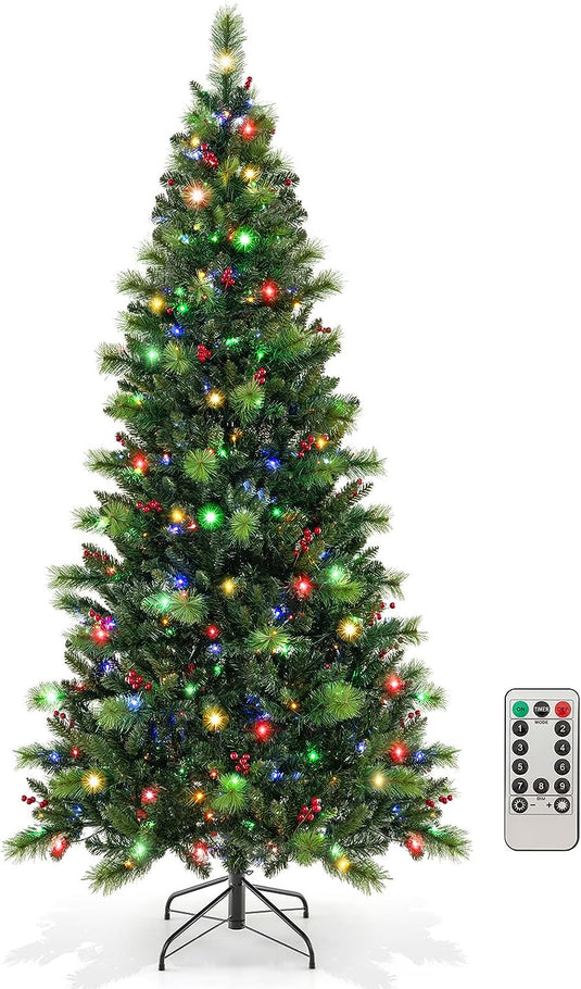 Goplus Pre-Lit Artificial Christmas Tree, Hinged Xmas Tree with 670 PVC & Pine Needles Branch Tips