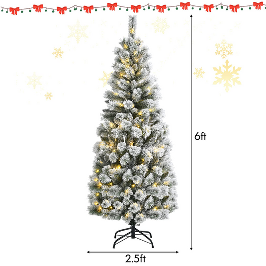 Goplus Snow Flocked Christmas Tree, Premium Hinged Artificial Pine Tree, Remote Controller, Xmas Full Tree for Indoor - GoplusUS