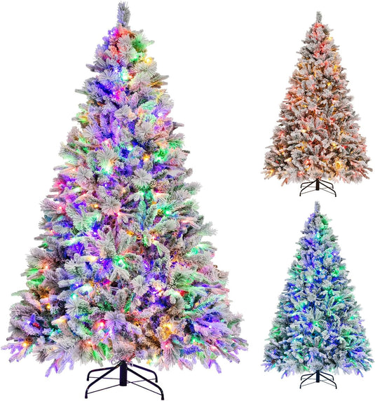 Goplus Pre-Lit Snow Flocked Christmas Tree, Artificial Hinged Xmas Tree with 160 Multi-Color LED Lights