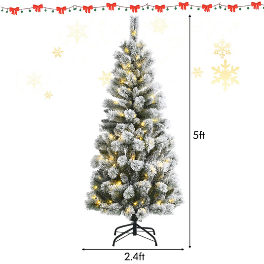 Goplus 5ft Pre-lit Snow Flocked Christmas Tree, Premium Hinged Artificial Pine Tree w/ 9 Lighting Modes & 140 Color Changing LED Lights - GoplusUS
