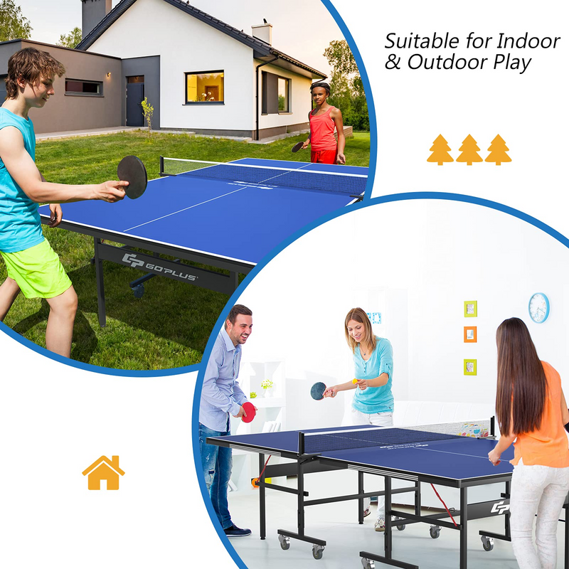 Load image into Gallery viewer, Goplus Foldable Table Tennis Table, 9&#39;x5&#39; Professional Ping Pong Table with Quick Clamp Net &amp; Post Set &amp; Wheels - GoplusUS
