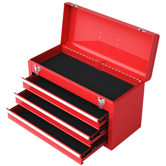 Goplus Tool Box, Portable 20” Tool Boxes with 3 Drawers, Top Tool Tray,  Metal Lock Latch, Protective Liner, Auto Locking, Heavy Duty Steel Toolbox