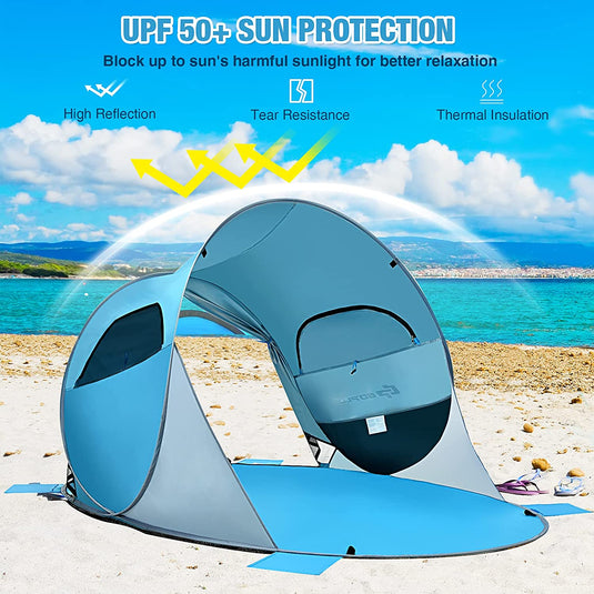 3-4 Person Pop Up Beach Tent, Portable Instant Beach Sun Shade Shelter w/UPF 50+ UV Protection - GoplusUS