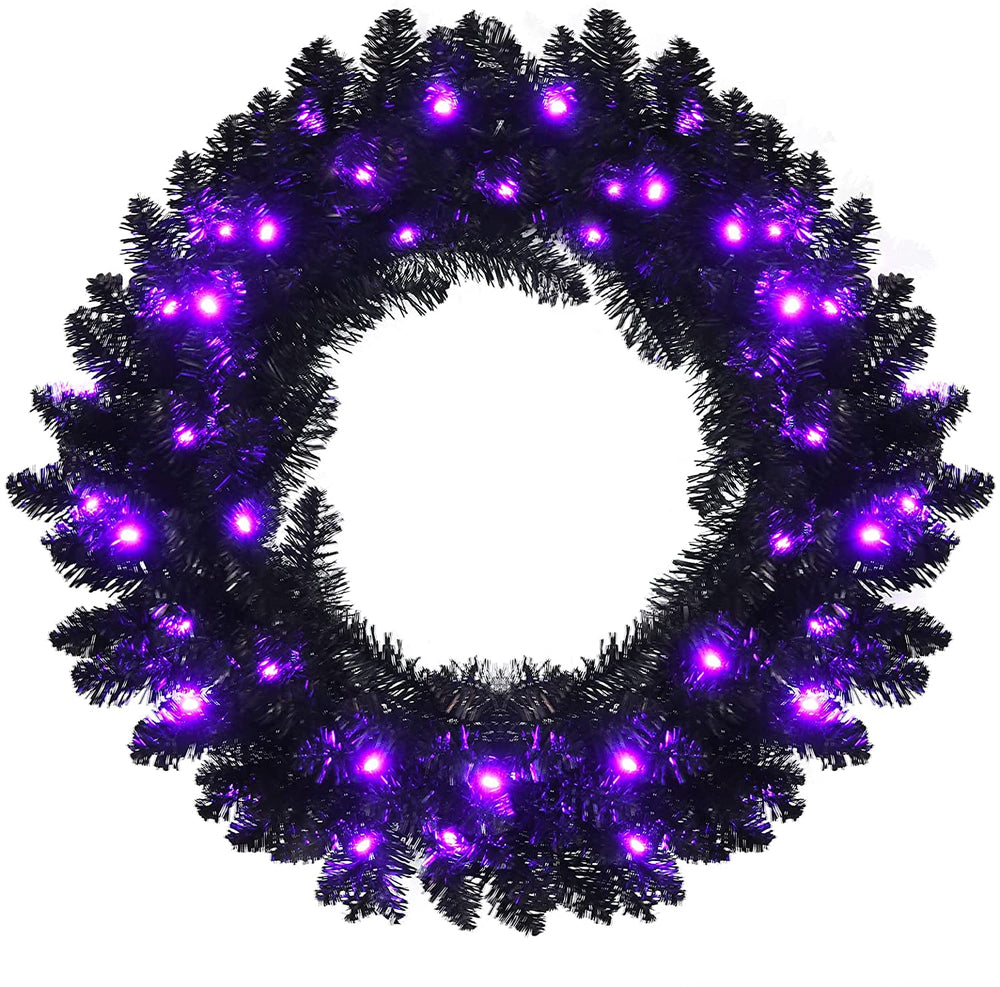 24' Black Halloween Wreath, Pre-lit Artificial Christmas Wreath - GoplusUS