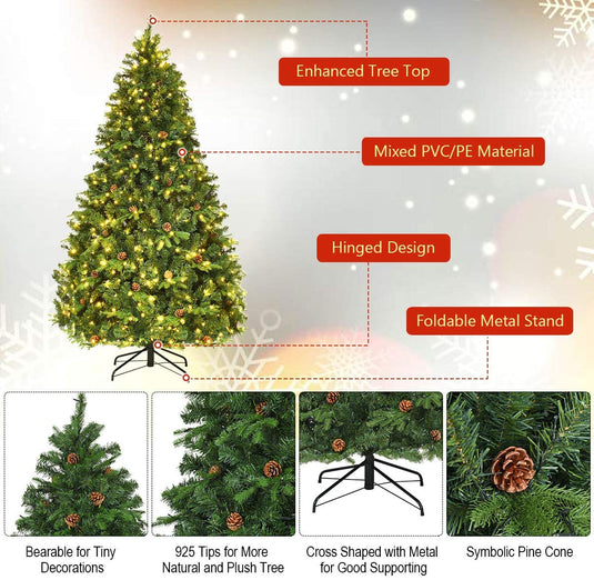 7ft Pre-Lit Artificial Christmas Tree, Premium Spruce Hinged Tree with 460 LED Lights - GoplusUS