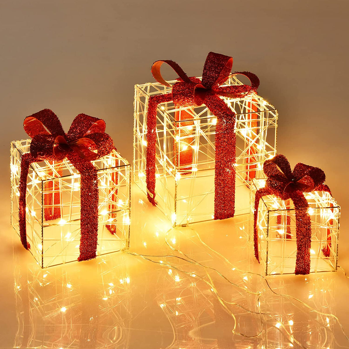 Lighted Gift Boxes Christmas Decoration, Set of 3 White Present Ornament Boxes with 60 LED Lights - GoplusUS