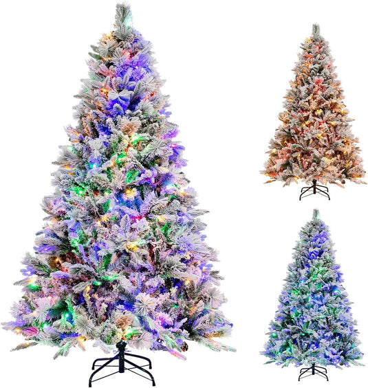 Goplus Pre-Lit Snow Flocked Christmas Tree, Artificial Hinged Xmas Tree with 160 Multi-Color LED Lights