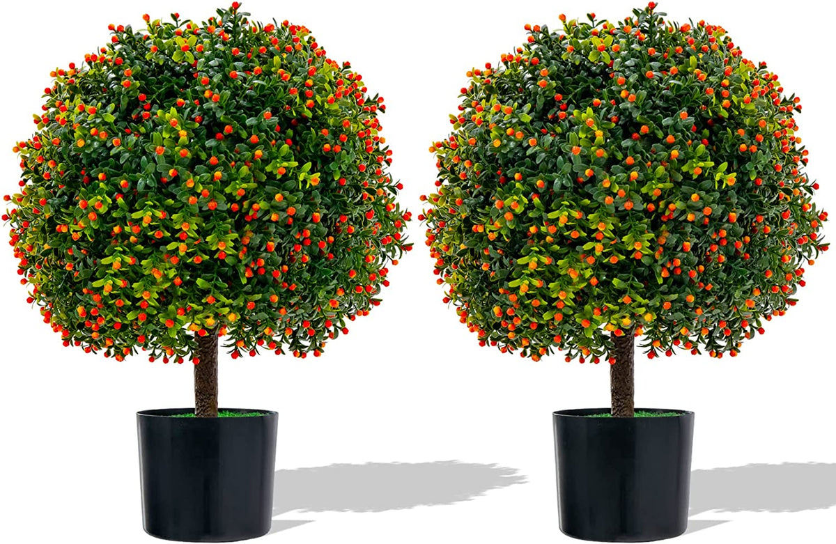 Goplus 21.5" Artificial Cedar Topiary Ball Tree, Set of 2 Faux Potted Plants Artificial Shrubs Bushes with Cement Po