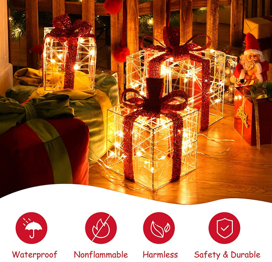 Lighted Gift Boxes Christmas Decoration, Set of 3 White Present Ornament Boxes with 60 LED Lights - GoplusUS
